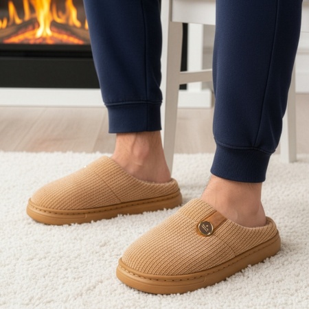 Papuci si slapi barbati, Papuci de casa barbati cu talpa joasa maro MOD14122, modlet.ro