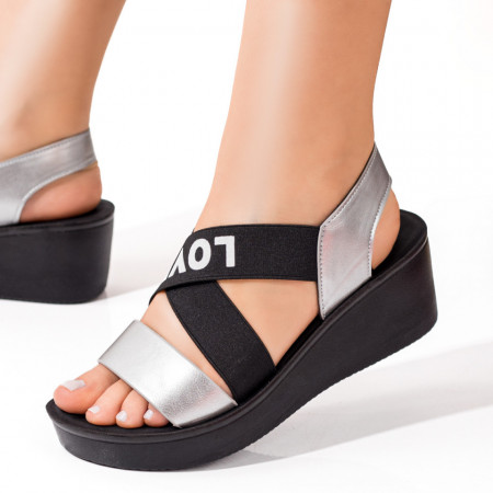 Sandale cu platforma, Sandale cu platforma dama argintiu cu negru MOD08503, modlet.ro