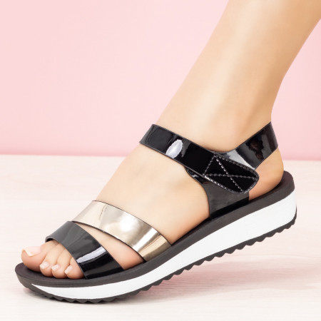Sandale dama, Sandale dama casual negre cu gri lucioase MOD08390, modlet.ro
