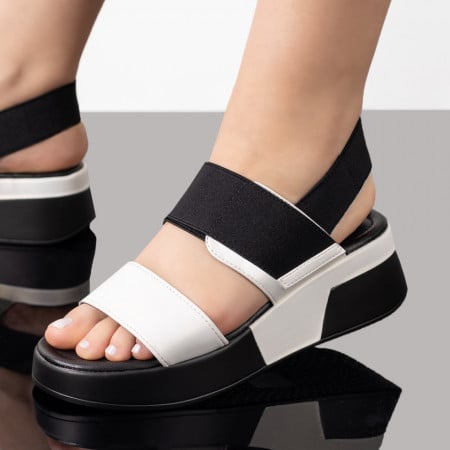 Sandale cu platforma, Sandale dama cu talpa groasa si inchidere cu scai albe cu negru ZEF08546 - zeforia.ro