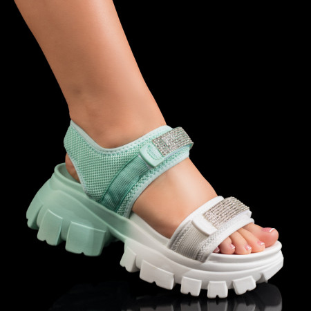 Sandale cu platforma, Sandale dama cu talpa groasa si pietre aplicate albe cu verde ZEF08940 - zeforia.ro