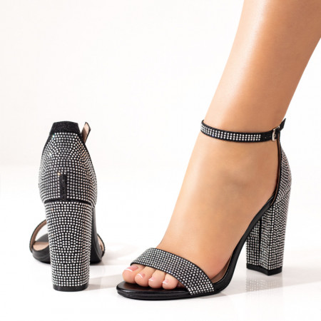 Sandale cu toc, Sandale dama cu toc gros negre cu strasuri MOD08923, modlet.ro