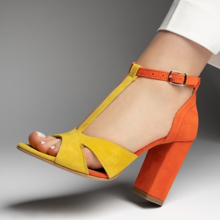 Sandale dama cu toc gros portocaliu cu galben suede din Piele naturala ZEF13471