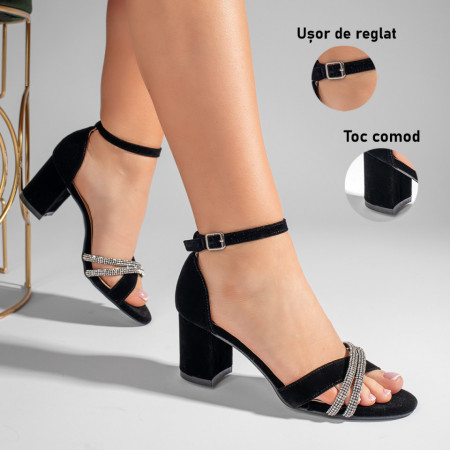 Sandale dama cu toc gros si aplicatii cu pietre negre suede LIA29, 3, modlet.ro