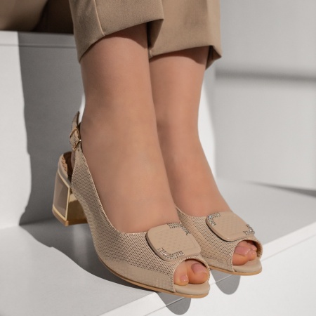 Sandale dama cu toc gros si bareta bej cu auriu MOD11475, 3, modlet.ro