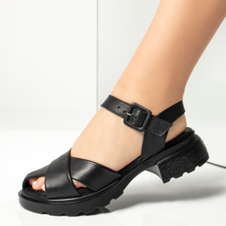 Sandale dama cu toc gros si bareta negre dn Piele naturala ZEF13630