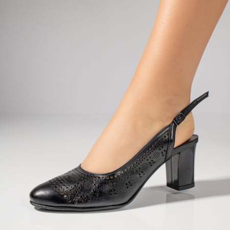 Sandale cu toc gros, Sandale dama cu toc gros si perforatii negre din Piele naturala ZEF11566 - zeforia.ro