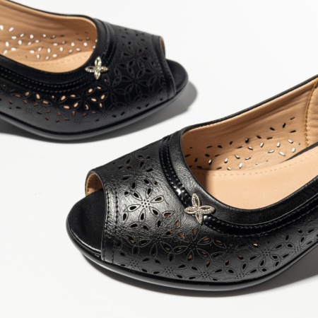 Sandale dama cu toc gros si perforatii negre MOD14261, 3, modlet.ro