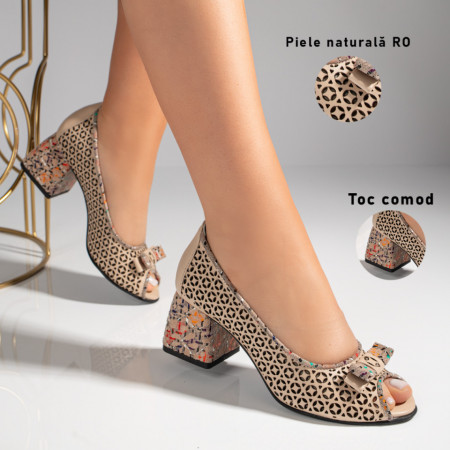 Sandale dama cu toc si fundita bej din Piele naturala MOD11458, 3, modlet.ro
