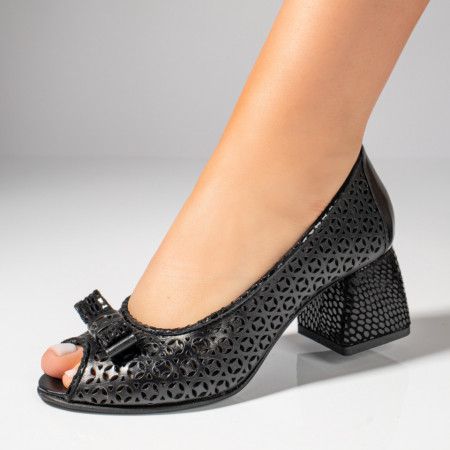 Sandale cu toc, Sandale dama cu toc si fundita negre din Piele naturala MOD11458, modlet.ro