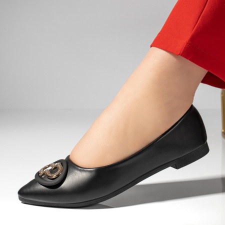 Balerini si Mocasini Dama, Balerini dama cu accesoriu decorativ si talpa joasa negri MOD13040, modlet.ro