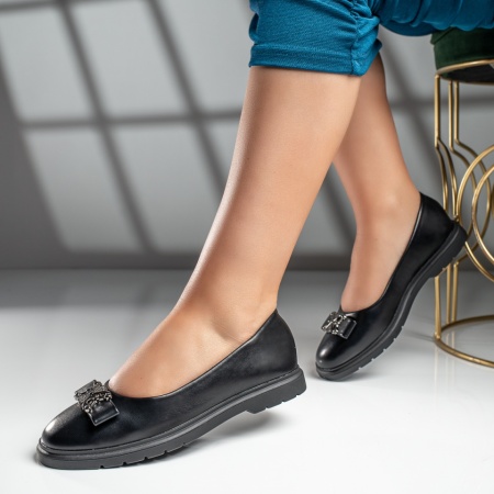 Balerini si Mocasini Dama, Balerini dama cu fundita si accesoriu metalic negri MOD11659, modlet.ro
