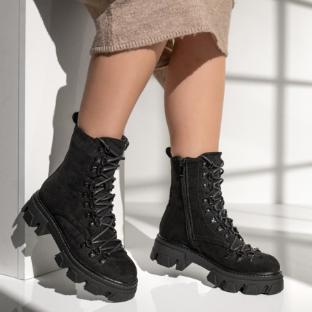 Bocanci dama cu siret si fermoar negru suede MOD12642, 4, modlet.ro