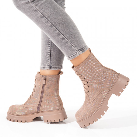 REDUCERI INCALTAMINTE, Bocanci dama cu strasuri aplicate khaki deschis suede MOD10713, modlet.ro