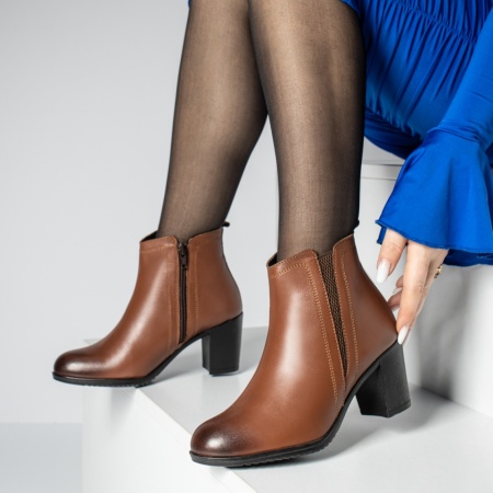 Botine dama cu toc gros maro Piele naturala MOD05667, 2, modlet.ro