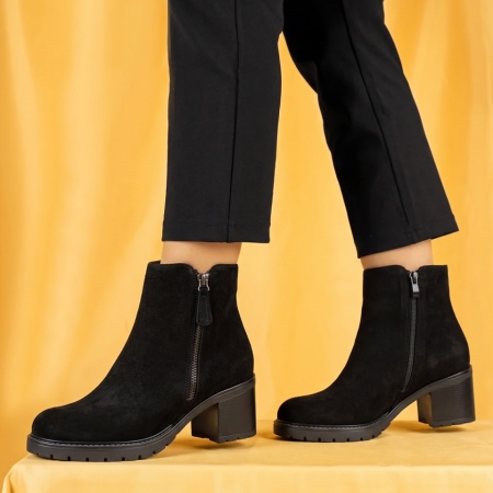 Botine dama cu toc gros negru suede din Piele naturala BIA25, 2, modlet.ro