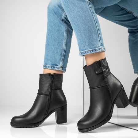 Botine dama, Botine dama cu toc gros si fermoar negre din Piele naturala MOD12601, modlet.ro