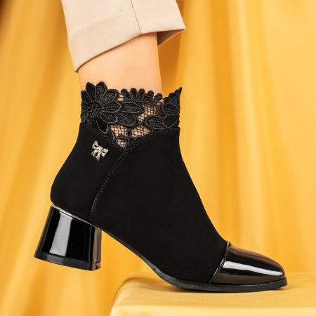 Botine dama cu toc gros si varf lacuit negru suede MARA59, 3, modlet.ro
