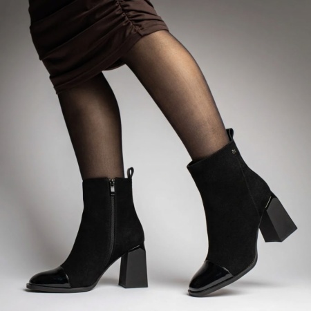 Botine dama cu toc gros si varf lucios negre suede din Piele naturala MOD14026, 2, modlet.ro