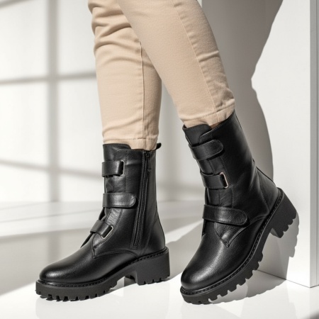 Cizme dama, Cizme dama cu fermoar si curele negre MOD12706, modlet.ro