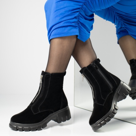 Ghete dama cu fermoar si talpa groasa negru suede MOD06597, 2, modlet.ro
