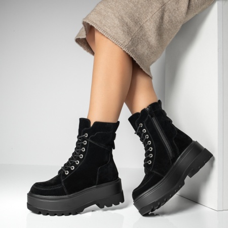 Ghete Dama, Ghete dama cu siret si talpa groasa negre suede MOD14094, modlet.ro