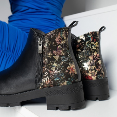 Ghete dama cu talpa groasa si imprimeu floral negre din Piele naturala MOD05613, 4, modlet.ro
