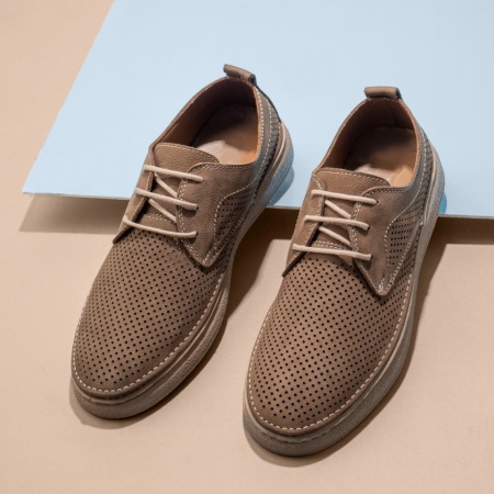 Pantofi casual barbati cu peforatii khaki din Piele naturala MOD13769