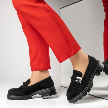 Pantofi casual dama, Pantofi casual dama cu accesoriu decorativ negru suede MOD13366, modlet.ro