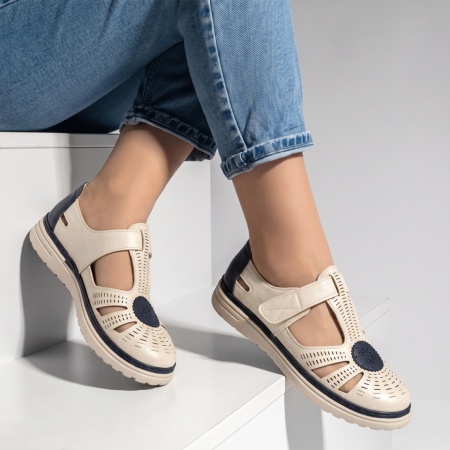 Pantofi casual dama cu perforatii bej cu albastru EVA91, 3, modlet.ro