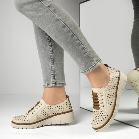 Pantofi casual dama cu perforatii bej cu khaki MOD13155, 3, modlet.ro
