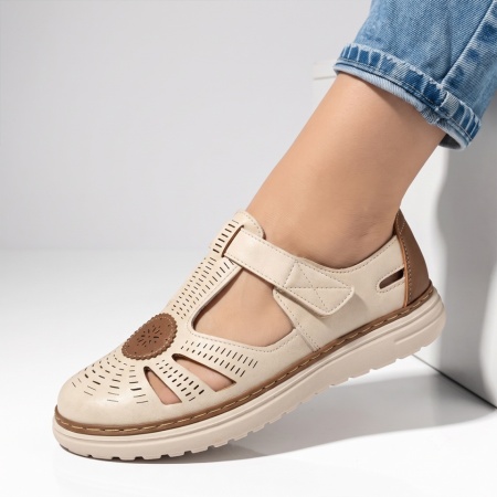 Pantofi casual dama cu perforatii bej cu maro EVA91, 2, modlet.ro