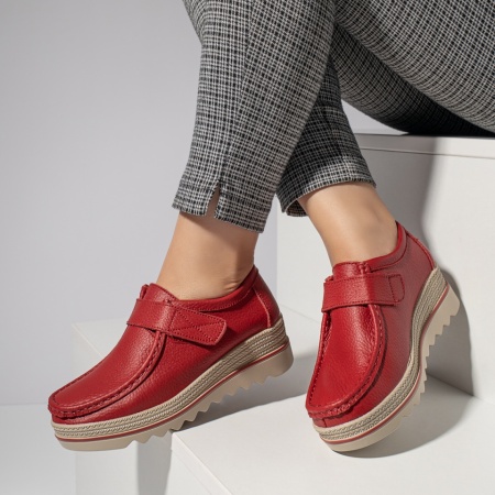 Pantofi casual dama cu platforma mica rosii din Piele naturala DORA29, 2, modlet.ro
