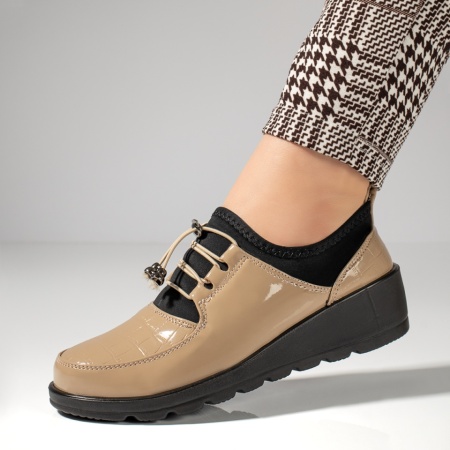 Pantofi casual dama cu siret elastic si platforma bej luciosi MOD12985, 1, modlet.ro