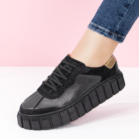 Pantofi dama, Pantofi casual dama cu siret Piele naturala negri MOD03646, modlet.ro