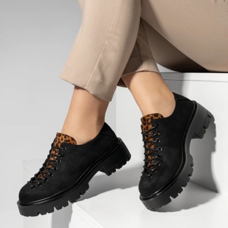 Pantofi casual dama cu siret si imprimeu negri suede ANA71, 3, modlet.ro