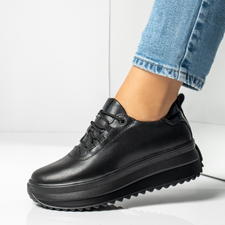 Pantofi casual dama cu siret si talpa groasa negri din Piele naturala MOD14016, 2, modlet.ro