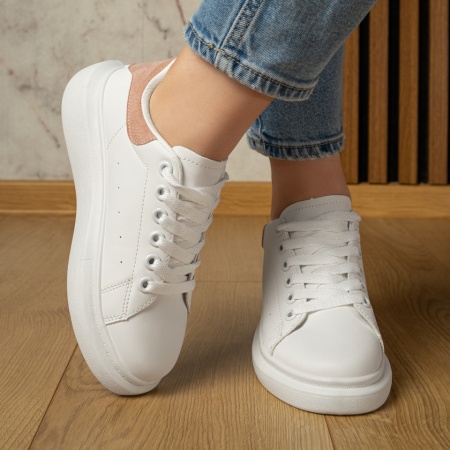 Pantofi casual dama cu talpa groasa alb cu roz MOD12200, 3, modlet.ro