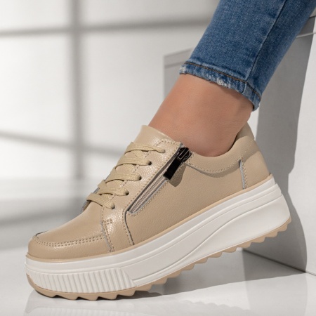 Pantofi casual dama cu talpa groasa bej din Piele naturala ZEF13031