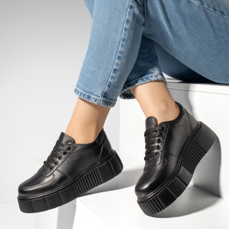 Pantofi dama, Pantofi casual dama cu talpa groasa negri din Piele Naturala MOD13253, modlet.ro
