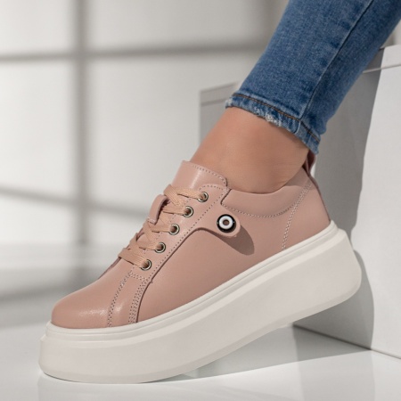 Pantofi casual dama, Pantofi casual dama cu talpa groasa roz din Piele naturala MOD11353, modlet.ro