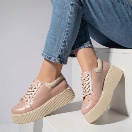 Pantofi casual dama, Pantofi casual dama roz cu talpa groasa din Piele naturala MOD12740, modlet.ro