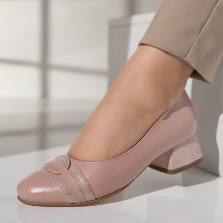 Pantofi dama, Pantofi cu toc dama si imprimeu roz din Piele naturala MOD12046, modlet.ro