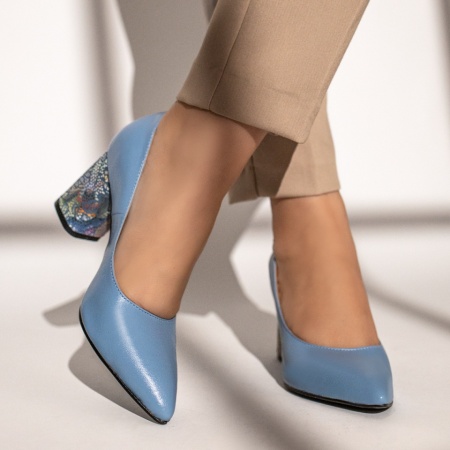 Pantofi cu toc dama si print albastri din Piele naturala MOD12047, 3, modlet.ro