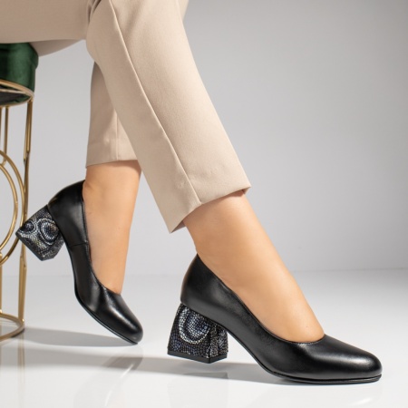 Pantofi cu toc gros dama negri si imprimeu din Piele naturala MOD12048, 3, modlet.ro