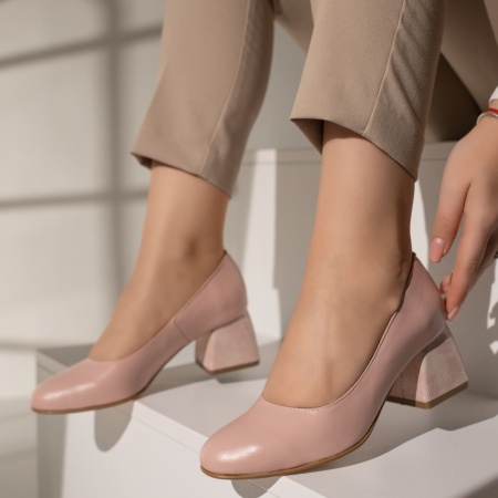 Pantofi cu toc gros dama roz din Piele naturala MOD12048, 4, modlet.ro