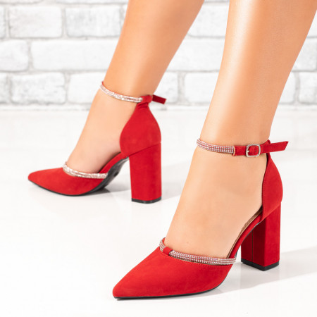Pantofi cu toc, Pantofi cu toc gros dama si pietre aplicate rosii suede ZEF09971 - zeforia.ro
