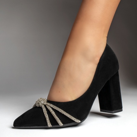 Pantofi cu toc gros dama, Pantofi cu toc gros si strasuri aplicate negru suede MOD10990, modlet.ro