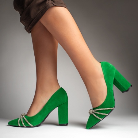 Pantofi cu toc gros si strasuri aplicate verde suede ZEF10990, 3, zeforia.ro