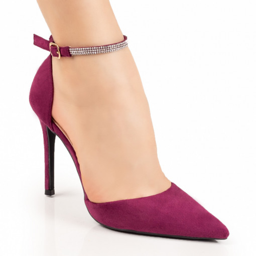 Pantofi dama, Pantofi cu toc si bareta cu insertie de pietre mov suede MOD07826, modlet.ro